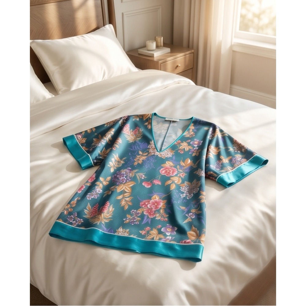 Val Mode Lingerie XL Vintage 80s Floral Satin V-Neck Kaftan Top Blue USA Made